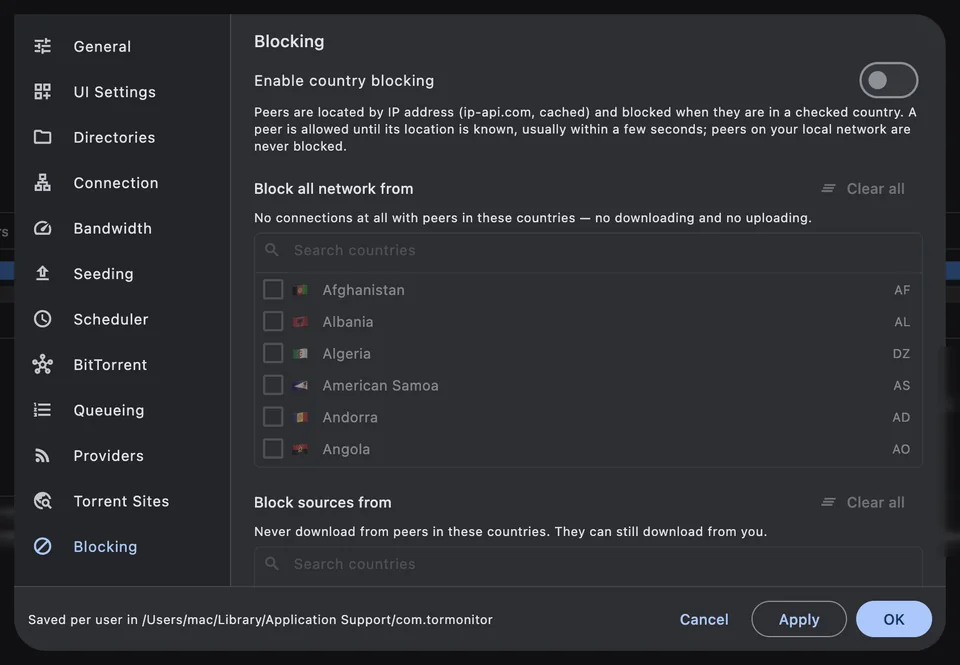 Preferences ▸ Blocking: three country lists for all traffic, sources and leechers.