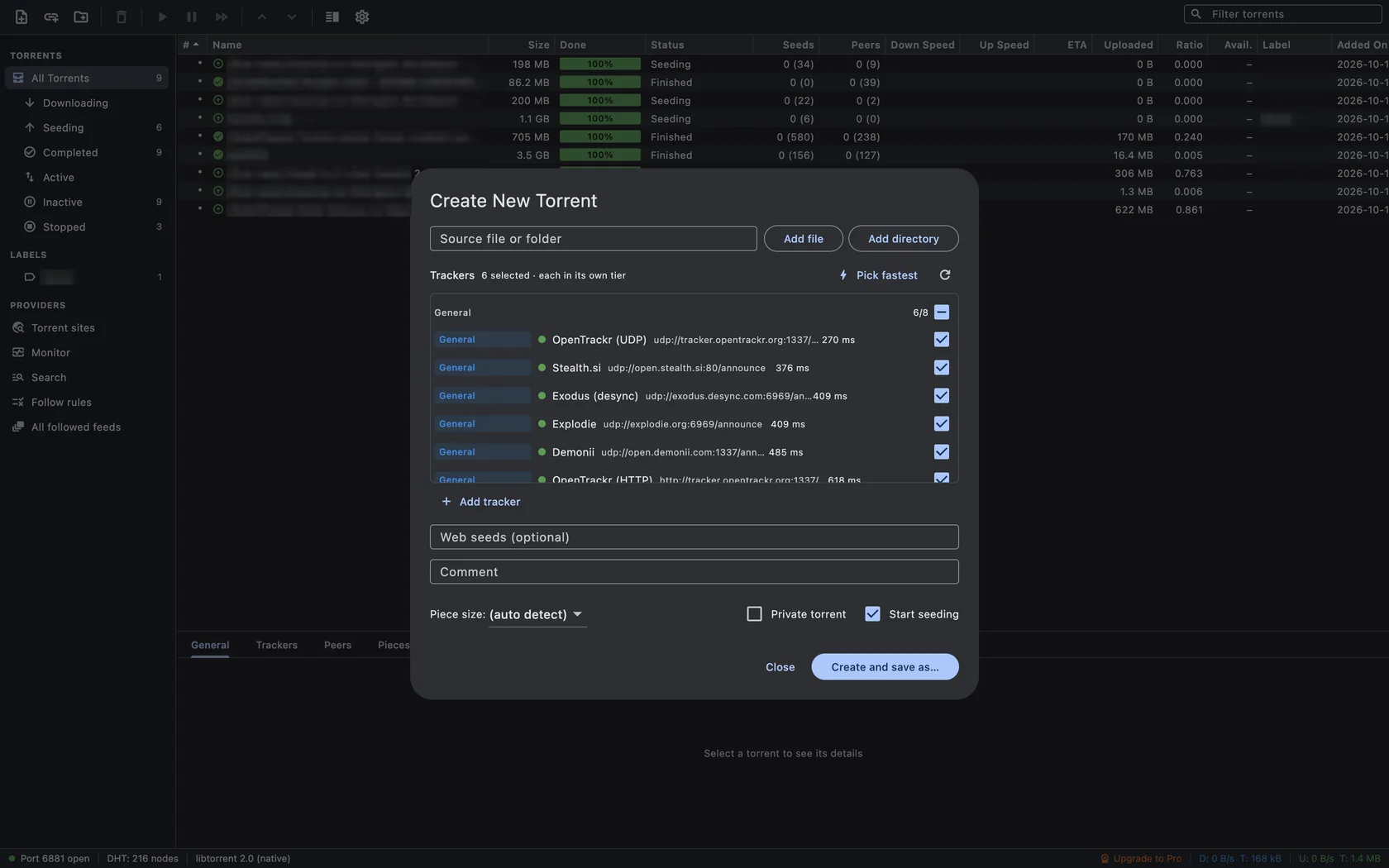 The Create New Torrent window in TorMonitor with Source file or folder, a tracker list with six responding trackers, web seeds, comment, piece size, Private torrent and Start seeding options