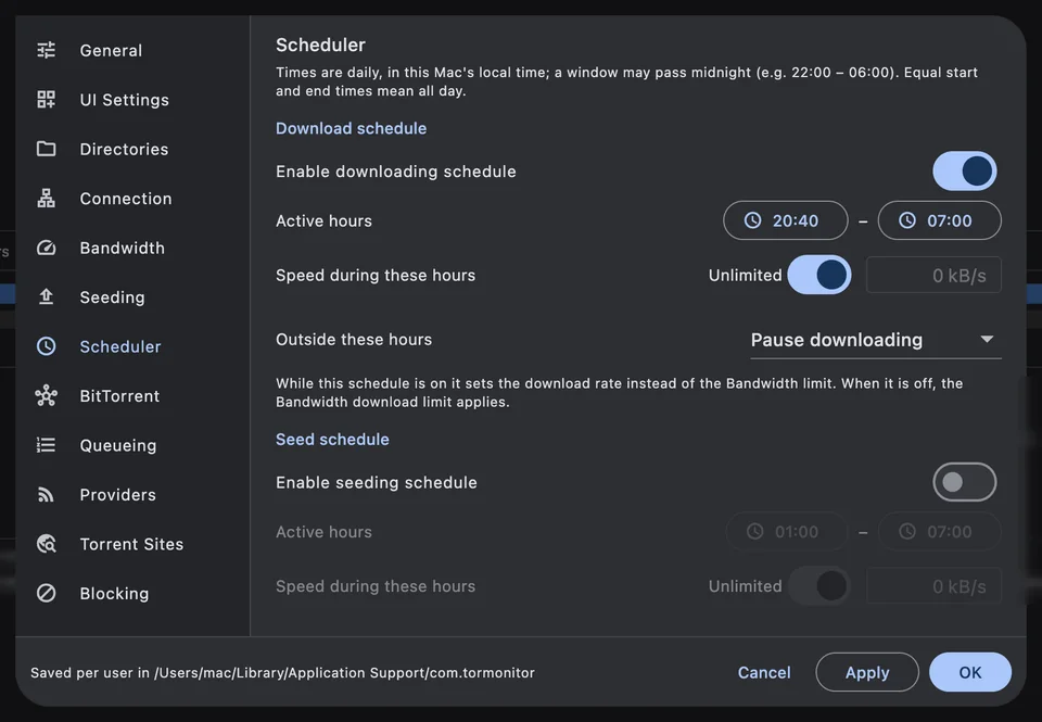 Preferences ▸ Scheduler: download only between 20:40 and 07:00, paused the rest of the day.