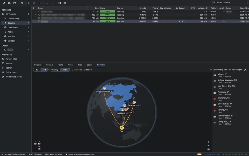 The Network tab: peers you upload to are drawn in orange on a 3D globe, with a list of cities and speeds.