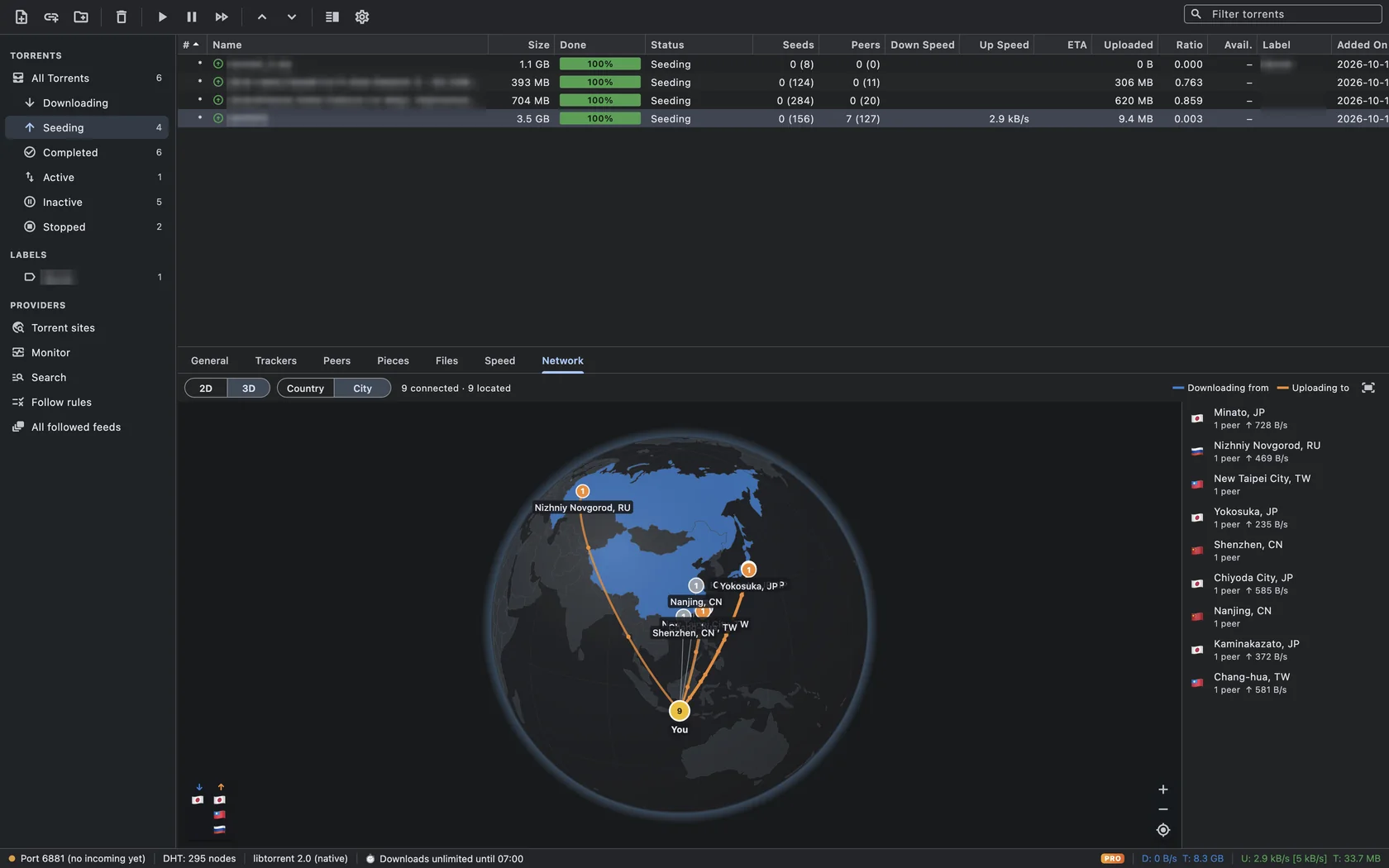 TorMonitor on macOS: the torrent list with a seeding torrent selected and its Network tab showing nine peers on a 3D globe, with orange upload arcs to Japan, Taiwan, China and Russia.
