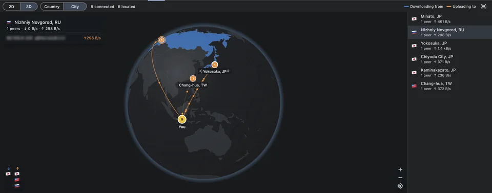 Hover a city to see each peer’s IP address, client and speed.