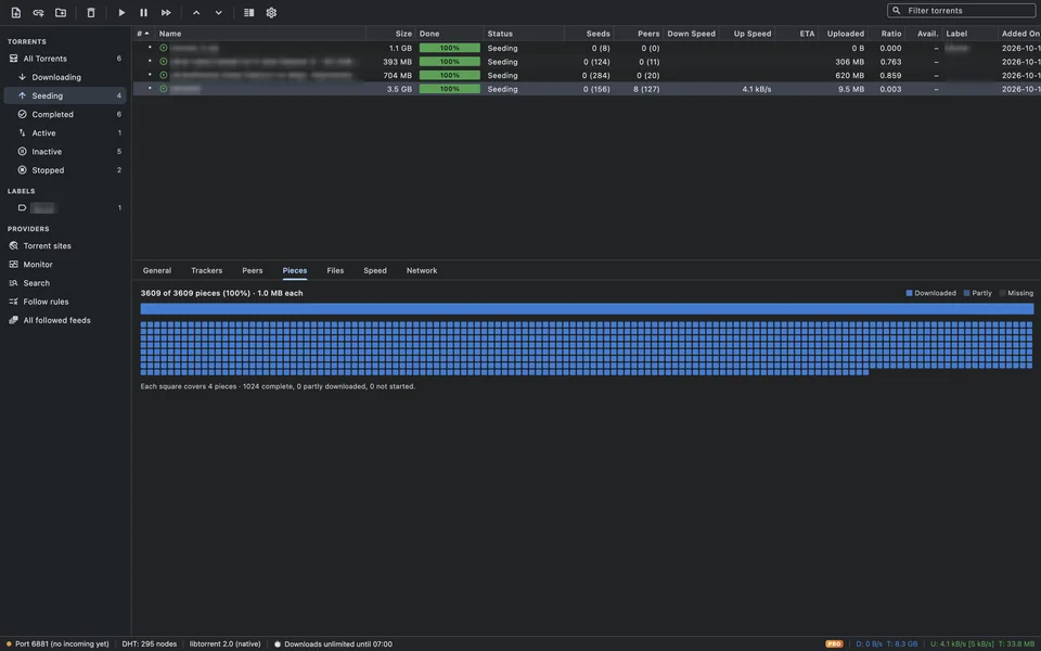 The classic layout: label sidebar, torrent grid and detail tabs (here the Pieces map).
