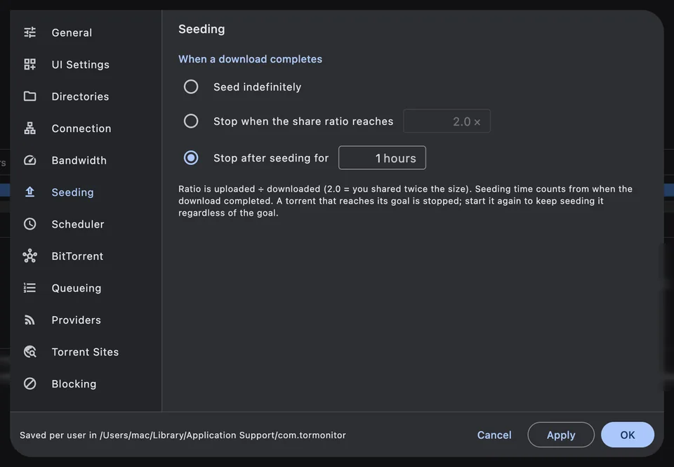 Preferences ▸ Seeding: stop at a share ratio or after a number of hours.
