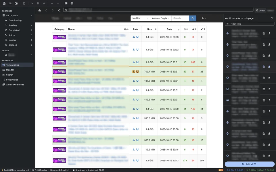 The Torrent Sites browser collects every magnet and .torrent link on the page in a sidebar.