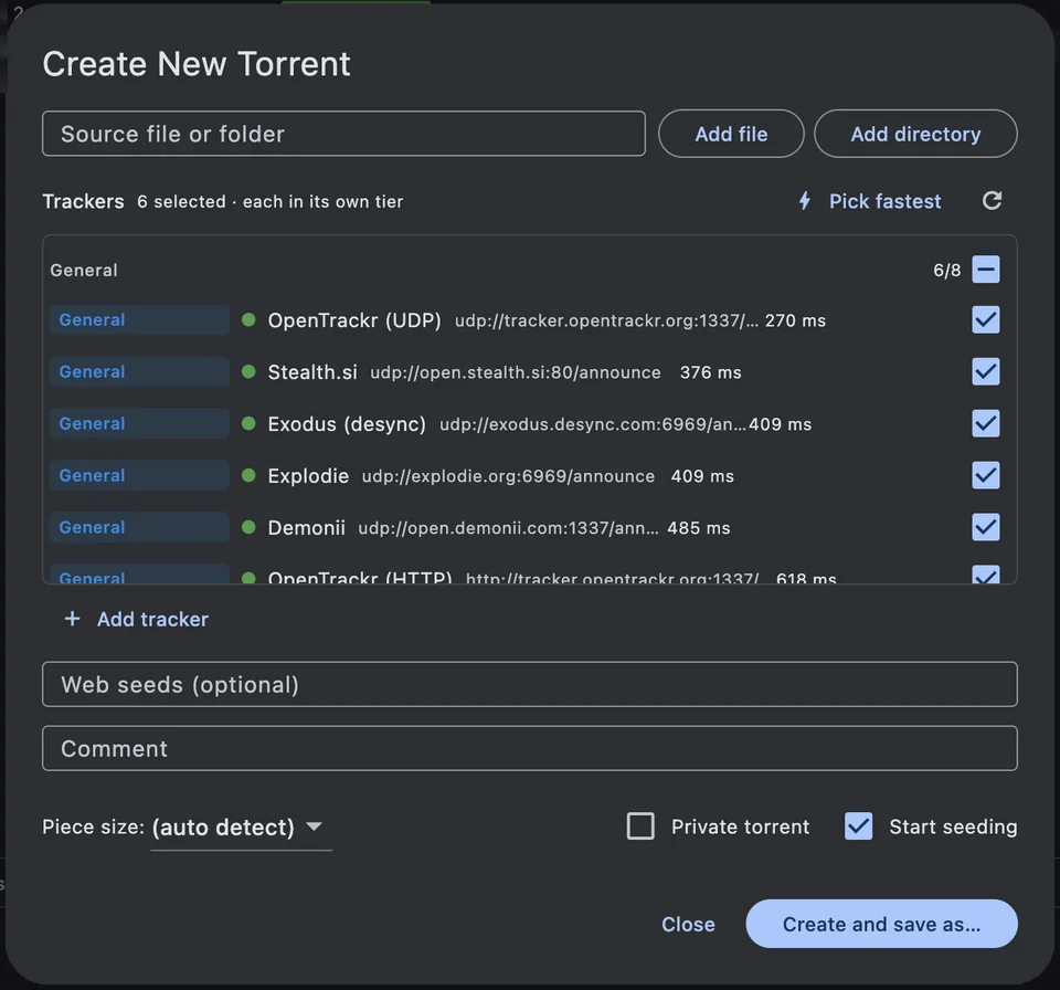 File ▸ Create New Torrent…: six responding trackers ticked, each with its response time.